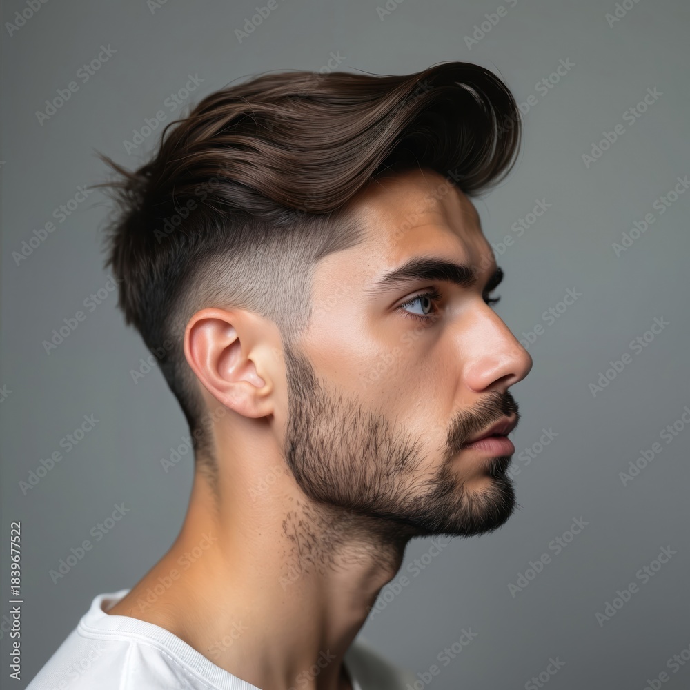 Obraz premium Profile of young man with stylish haircut on gray backdrop. Guy shows trendy coiffure. Male fashion model poses in studio. Pro barber presents new hair style, demonstrates face features. Beauty salon