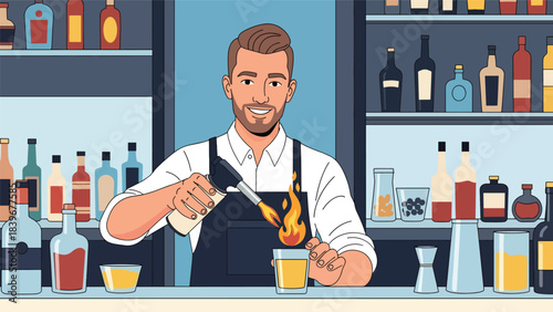 Flat modern vector of a bartender creating a flaming garnish for a dramatic cocktail presentation. Ideal for mixology branding and high-end bar promotions