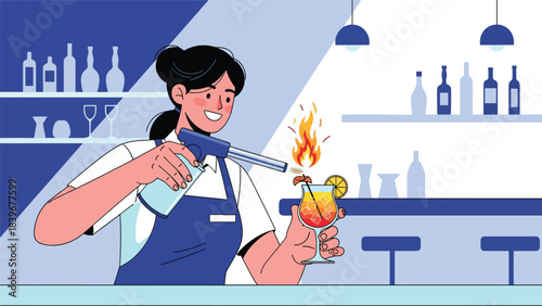 Flat modern vector of a bartender creating a flaming garnish for a dramatic cocktail presentation. Ideal for mixology branding and high-end bar promotions