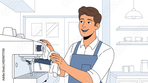 Flat modern vector of a barista cleaning an espresso machine, ideal for training materials, operational guides, and café workflow visuals