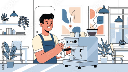 Flat modern vector of a barista cleaning an espresso machine, ideal for training materials, operational guides, and café workflow visuals