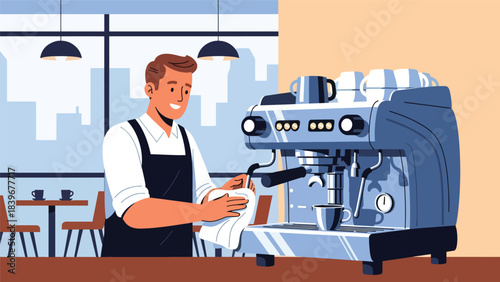 Flat modern vector of a barista cleaning an espresso machine, ideal for training materials, operational guides, and café workflow visuals