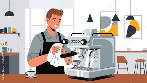 Flat modern vector of a barista cleaning an espresso machine, ideal for training materials, operational guides, and café workflow visuals