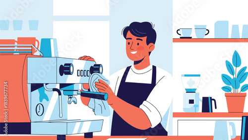 Flat modern vector of a barista cleaning an espresso machine, ideal for training materials, operational guides, and café workflow visuals