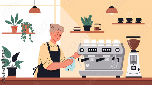 Flat modern vector of a barista cleaning an espresso machine, ideal for training materials, operational guides, and café workflow visuals