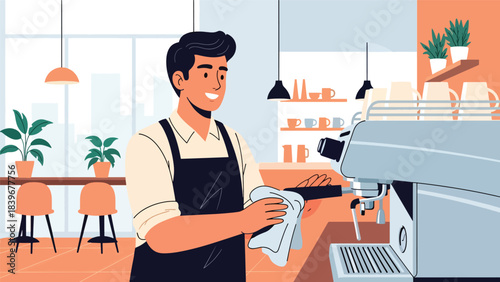 Flat modern vector of a barista cleaning an espresso machine, ideal for training materials, operational guides, and café workflow visuals