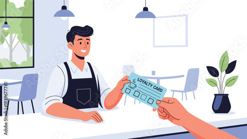 Flat modern vector of a barista handing a loyalty stamp card to a customer, ideal for café marketing, customer reward programs, and service visuals