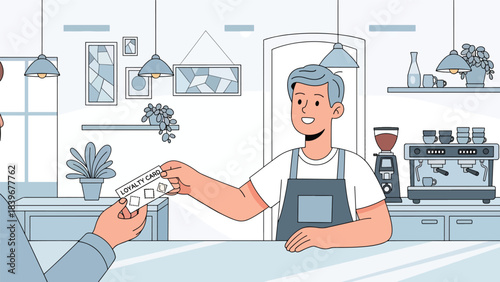 Flat modern vector of a barista handing a loyalty stamp card to a customer, ideal for café marketing, customer reward programs, and service visuals