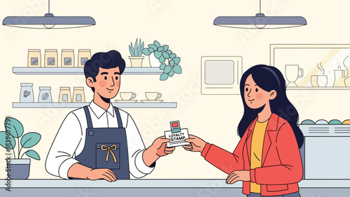 Flat modern vector of a barista handing a loyalty stamp card to a customer, ideal for café marketing, customer reward programs, and service visuals