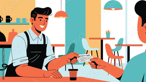 Flat modern vector of a barista handing a loyalty stamp card to a customer, ideal for café marketing, customer reward programs, and service visuals