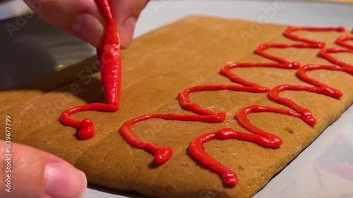 Horizontal food video close up. 60 fps. Female hand draws wavy pattern on gingerbread cookie in plate on table with plastic bag with edible red paint. Happy New Year, winter holiday, Christmas concept