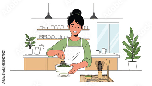 Flat modern vector of a barista preparing matcha with a whisk, ideal for tea cafés, beverage menus, and matcha-themed branding