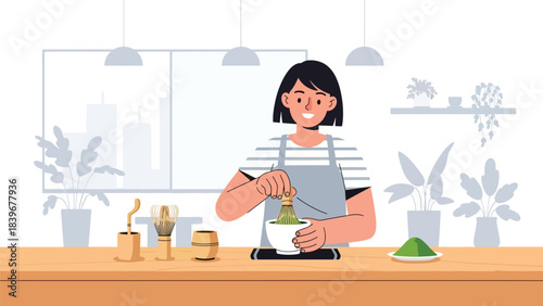 Flat modern vector of a barista preparing matcha with a whisk, ideal for tea cafés, beverage menus, and matcha-themed branding