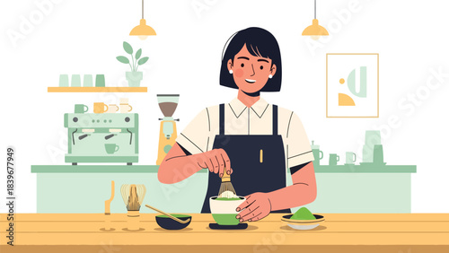 Flat modern vector of a barista preparing matcha with a whisk, ideal for tea cafés, beverage menus, and matcha-themed branding