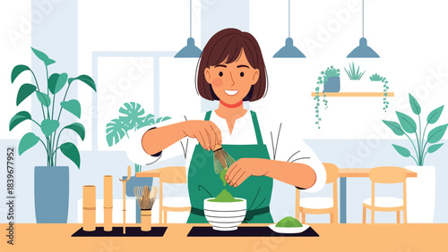 Flat modern vector of a barista preparing matcha with a whisk, ideal for tea cafés, beverage menus, and matcha-themed branding