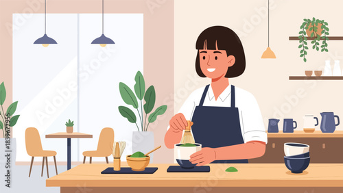 Flat modern vector of a barista preparing matcha with a whisk, ideal for tea cafés, beverage menus, and matcha-themed branding