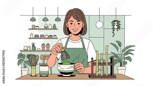 Flat modern vector of a barista preparing matcha with a whisk, ideal for tea cafés, beverage menus, and matcha-themed branding