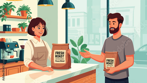 Flat modern vector of a barista receiving freshly roasted coffee beans, ideal for café sourcing visuals, packaging art, and coffee supply themes