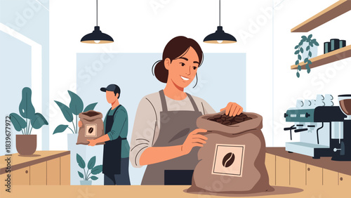 Flat modern vector of a barista receiving freshly roasted coffee beans, ideal for café sourcing visuals, packaging art, and coffee supply themes