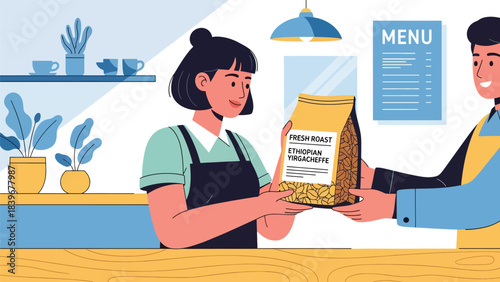 Flat modern vector of a barista receiving freshly roasted coffee beans, ideal for café sourcing visuals, packaging art, and coffee supply themes