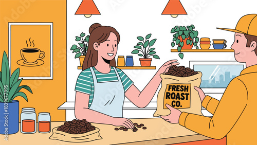 Flat modern vector of a barista receiving freshly roasted coffee beans, ideal for café sourcing visuals, packaging art, and coffee supply themes