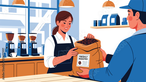 Flat modern vector of a barista receiving freshly roasted coffee beans, ideal for café sourcing visuals, packaging art, and coffee supply themes
