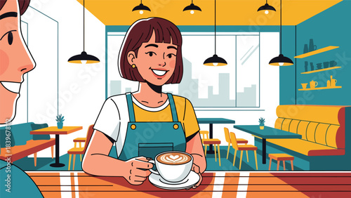Flat modern vector of a barista showcasing a latte art heart to a customer, ideal for café branding, warm service visuals, and drink promotion
