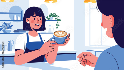 Flat modern vector of a barista showcasing a latte art heart to a customer, ideal for café branding, warm service visuals, and drink promotion