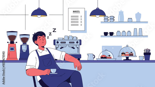 Flat modern vector of a tired barista resting with a cup after a long shift, ideal for storytelling illustrations and café lifestyle content