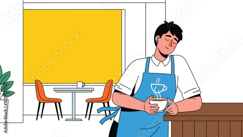 Flat modern vector of a tired barista resting with a cup after a long shift, ideal for storytelling illustrations and café lifestyle content