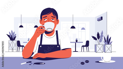 Flat modern vector of a tired barista resting with a cup after a long shift, ideal for storytelling illustrations and café lifestyle content