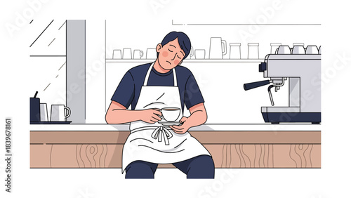 Flat modern vector of a tired barista resting with a cup after a long shift, ideal for storytelling illustrations and café lifestyle content