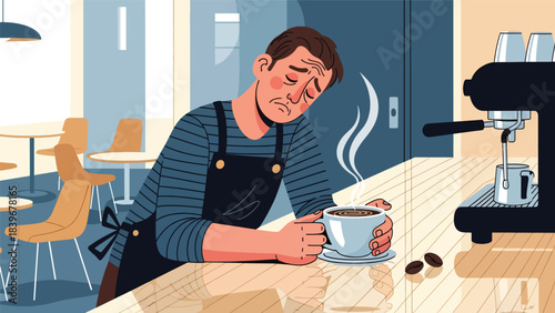 Flat modern vector of a tired barista resting with a cup after a long shift, ideal for storytelling illustrations and café lifestyle content