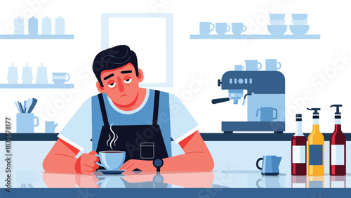 Flat modern vector of a tired barista resting with a cup after a long shift, ideal for storytelling illustrations and café lifestyle content