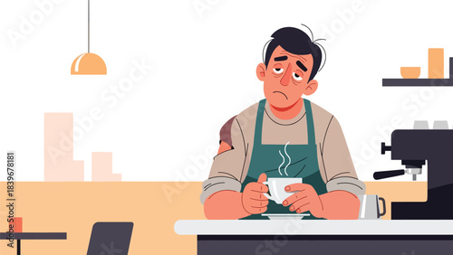 Flat modern vector of a tired barista resting with a cup after a long shift, ideal for storytelling illustrations and café lifestyle content