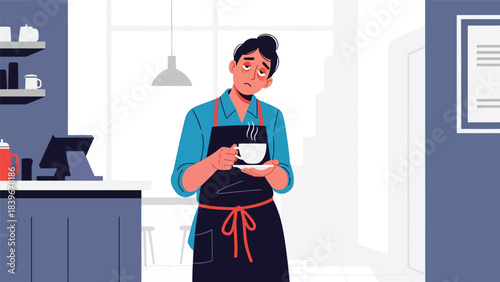 Flat modern vector of a tired barista resting with a cup after a long shift, ideal for storytelling illustrations and café lifestyle content