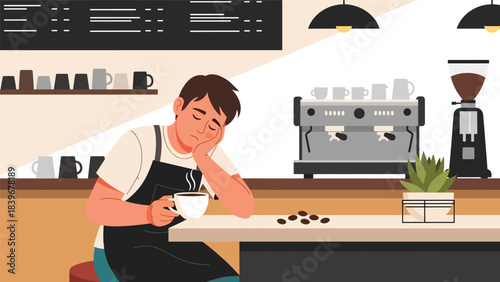 Flat modern vector of a tired barista resting with a cup after a long shift, ideal for storytelling illustrations and café lifestyle content
