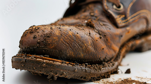 Rugged Brown Leather Work Boot Covered in Mud, Close-Up on White