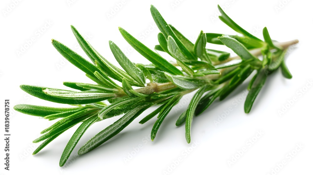Fototapeta premium Single sprig of fresh green culinary herb rests on a bright white background