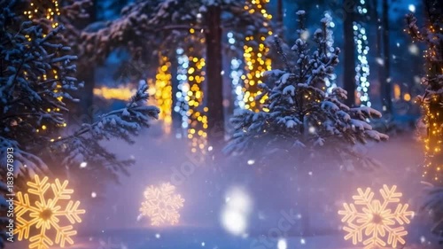 a cozy winter village shines brightly with festive Christmas lights, festive scene, festive background, Christmas ambience background, Christmas background videos, Holiday Stock Footage