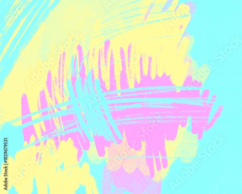 Abstract artwork.  Vivid hues.  Brushstrokes.  Yellow, pink, cyan.  Textured surface.  Painterly effect.  Modern design.  Creative backdrop.  Artistic impression.  Colorful pattern.  Digital painting