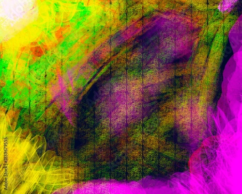 Vivid hues blend across a textured surface.  Yellow, green, and magenta tones create a dynamic visual.  Light streaks intersect, forming abstract patterns