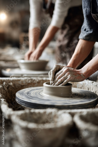 Adults are actively participating in a pottery class, skillfully shaping clay on a potter's wheel in a bright, modern studio filled with creativity