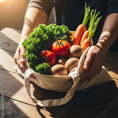Fresh Harvest of Organic Vegetables Being Held in a Canvas Bag