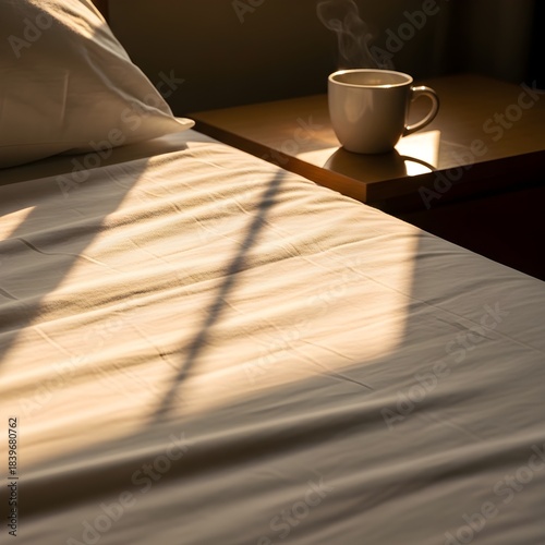 Sunlight streaming across a cozy bed with a steaming cup of coffee on the nightstand