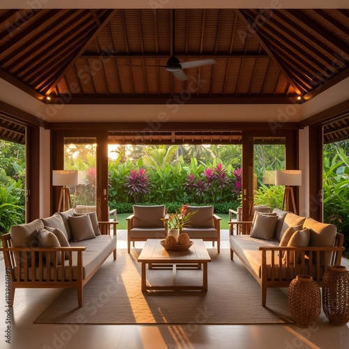 Luxurious open-plan tropical living room with garden view at sunset, a serene villa retreat