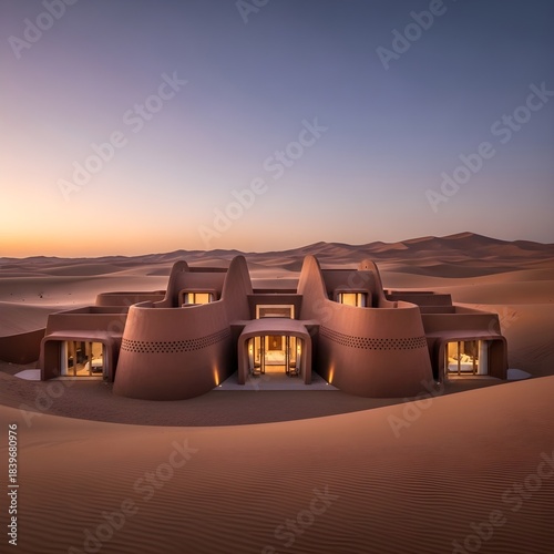 Luxury desert resort nestled in undulating sand dunes at sunset, architectural marvel