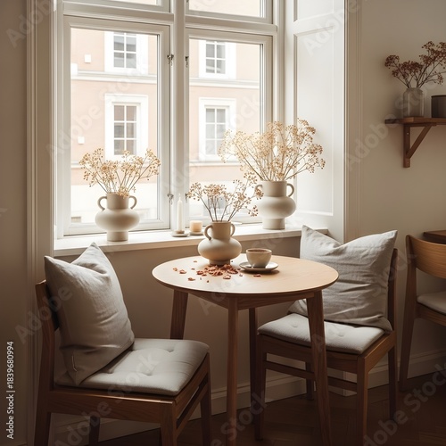 Cozy corner of a sunlit cafe with a small table, chairs, and beautiful dried flowers by a bright window
