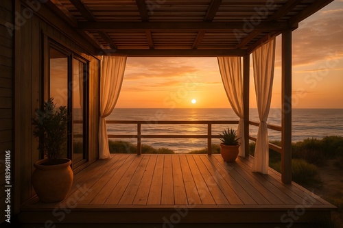 Sunset view from a wooden deck overlooking the ocean with sheer curtains