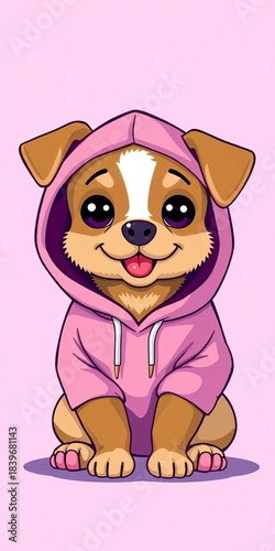 Pixel art pup in pink hoodie, winking on phone Solid light purple background Playful charm,  pink hoodie,  purple background